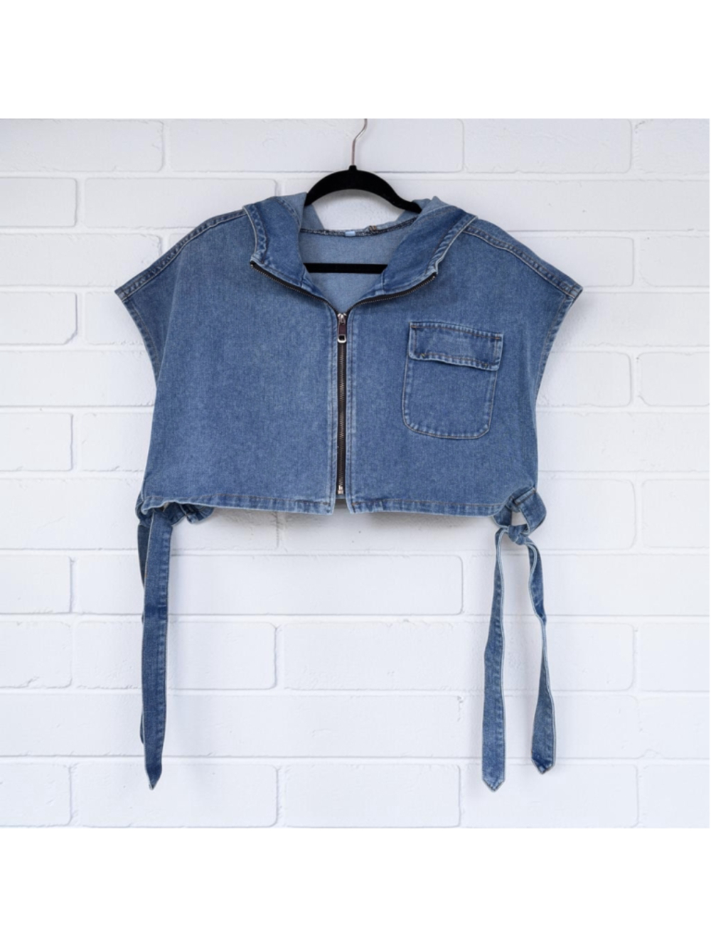 Unbranded Womens XL Blue Denim Hooded Cropped Top/Jacket w/Zipper Y2K Streetwear